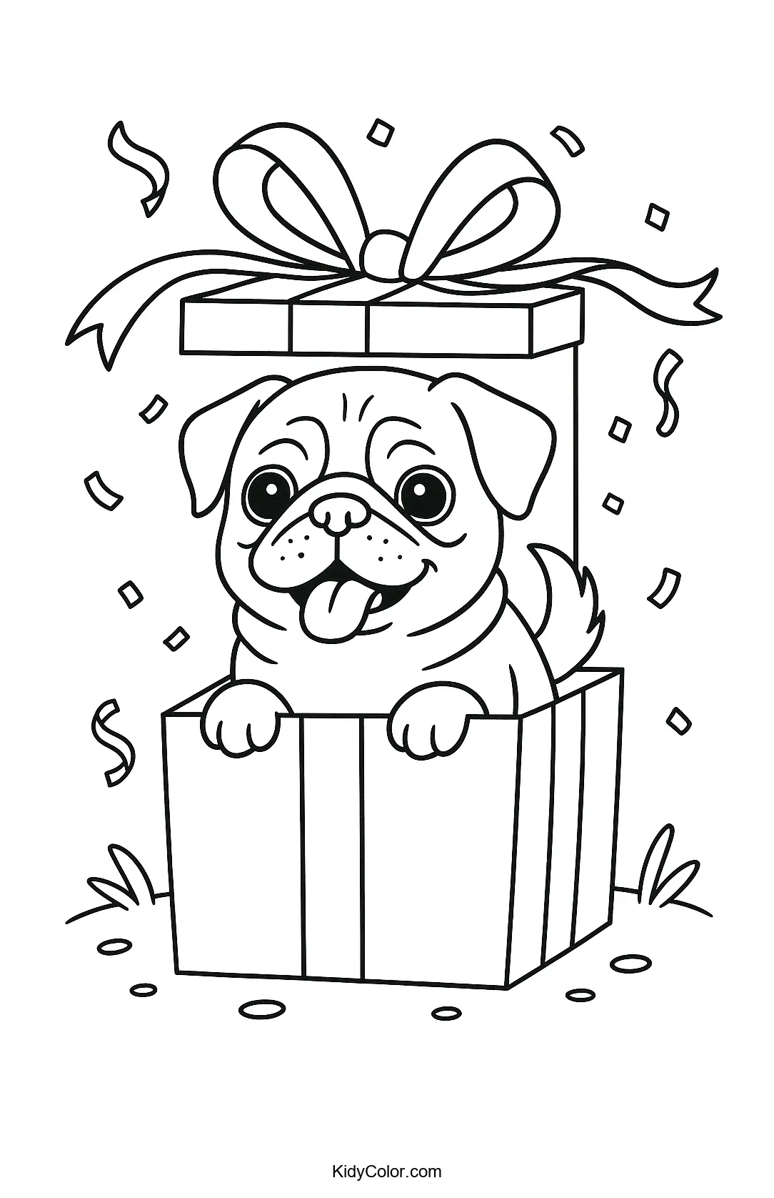 Cute pug inside a gift box