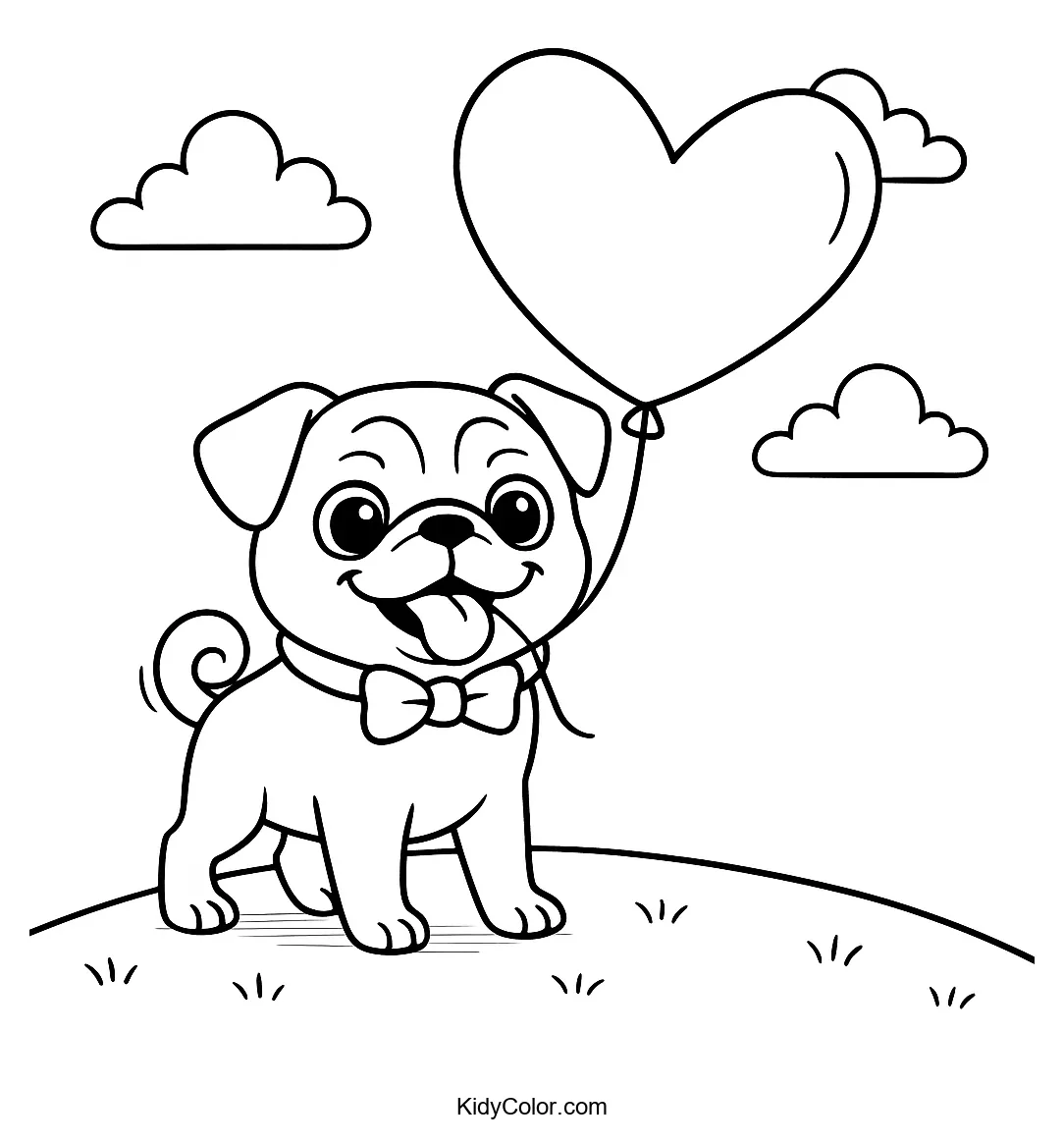 Pug with a heart-shaped balloon