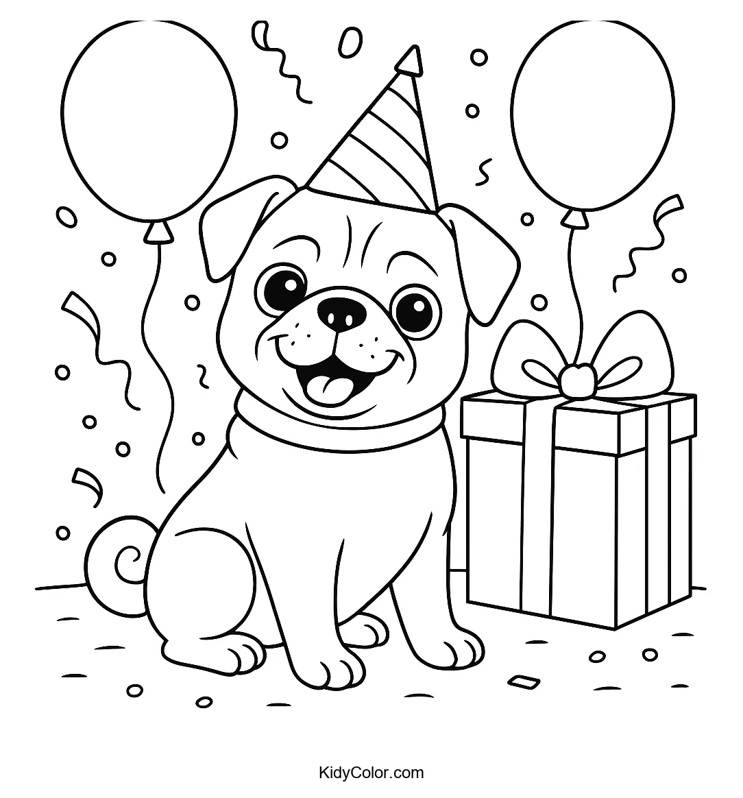 Pug dog celebrating birthday with balloons and cake