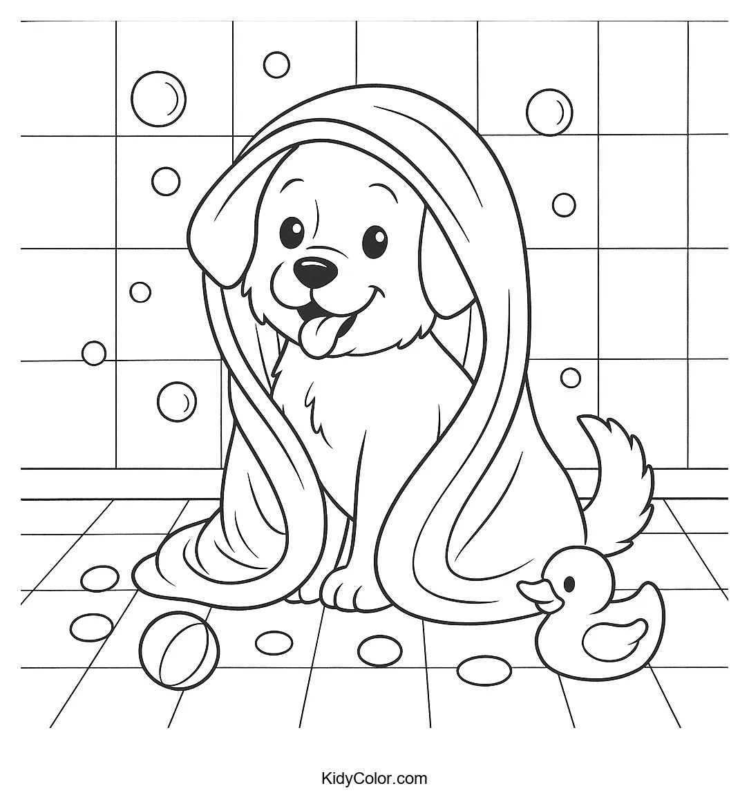 A puppy surrounded by bubbles after a bath