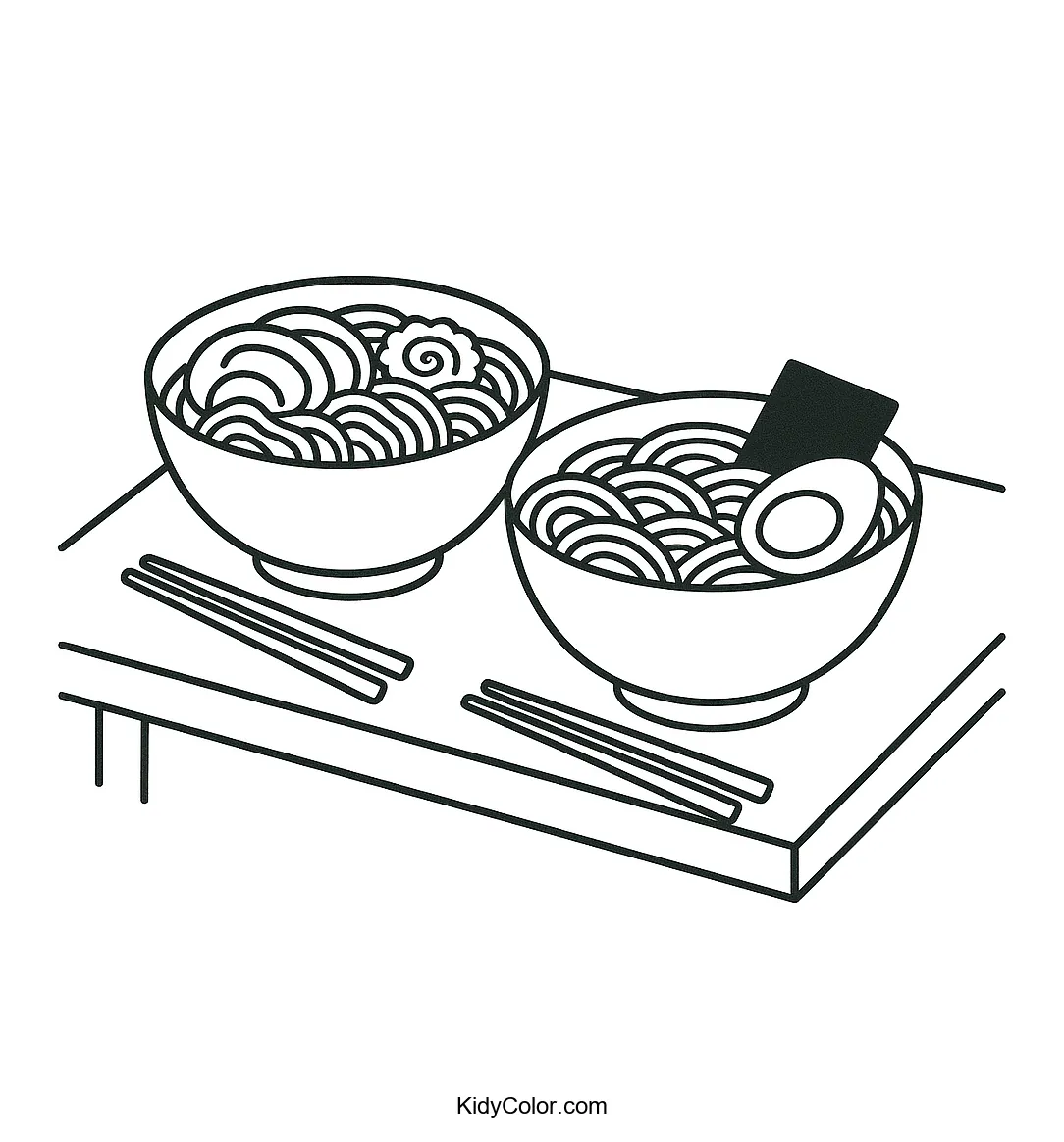 Coloring page of ramen bowls on a minimalist table.