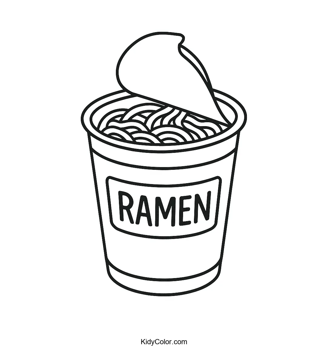 Coloring page of a ramen cup with noodles.
