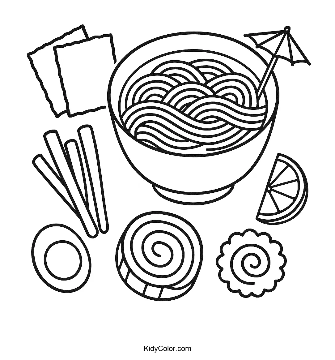 Detailed line art of ramen ingredients for children's coloring.