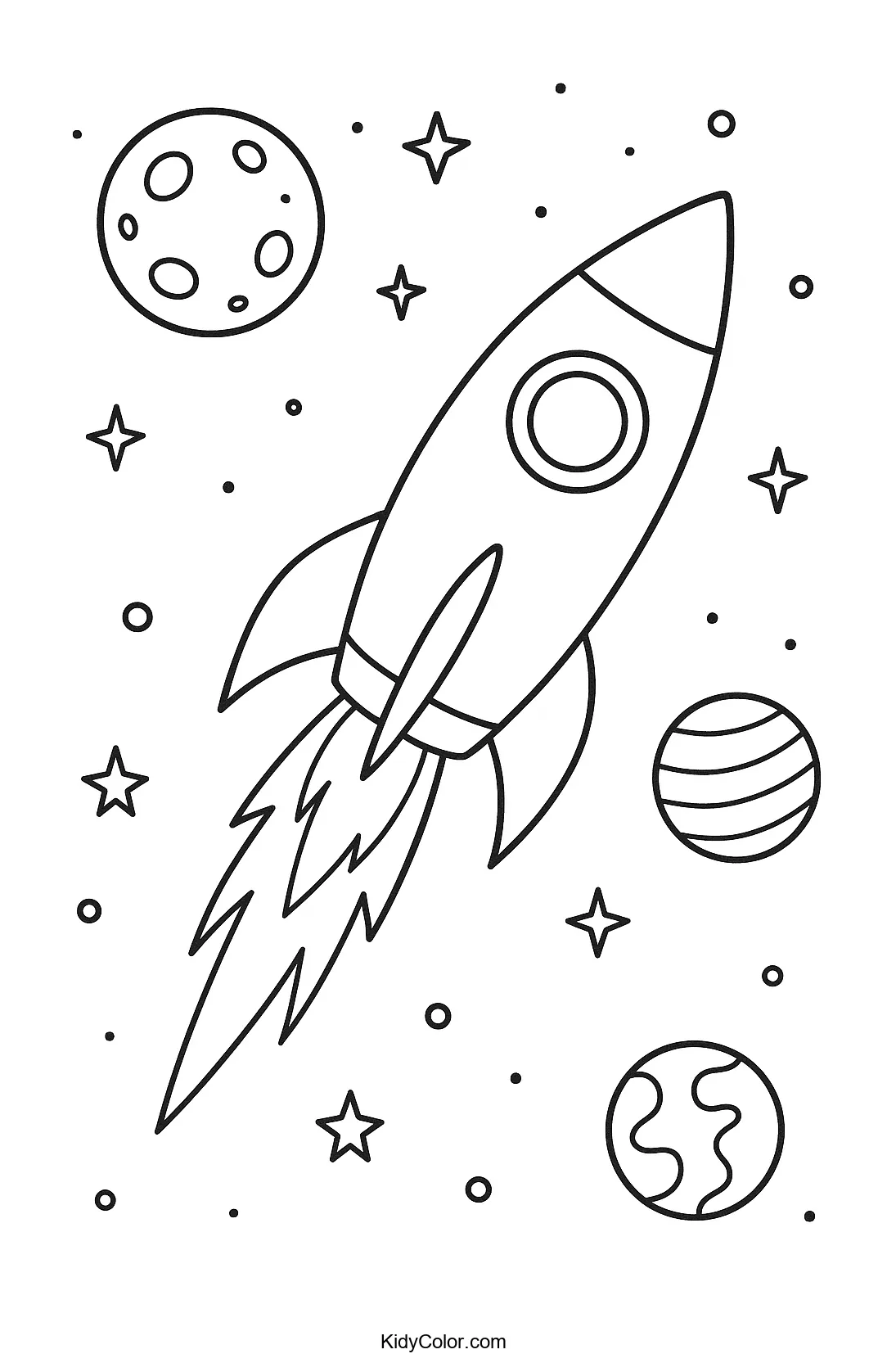 A retro rocket ship in outer space with stars and planets.