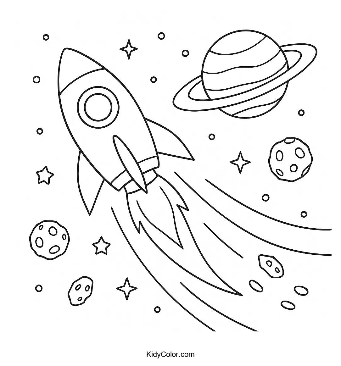 Rocket ship flying through space with stars