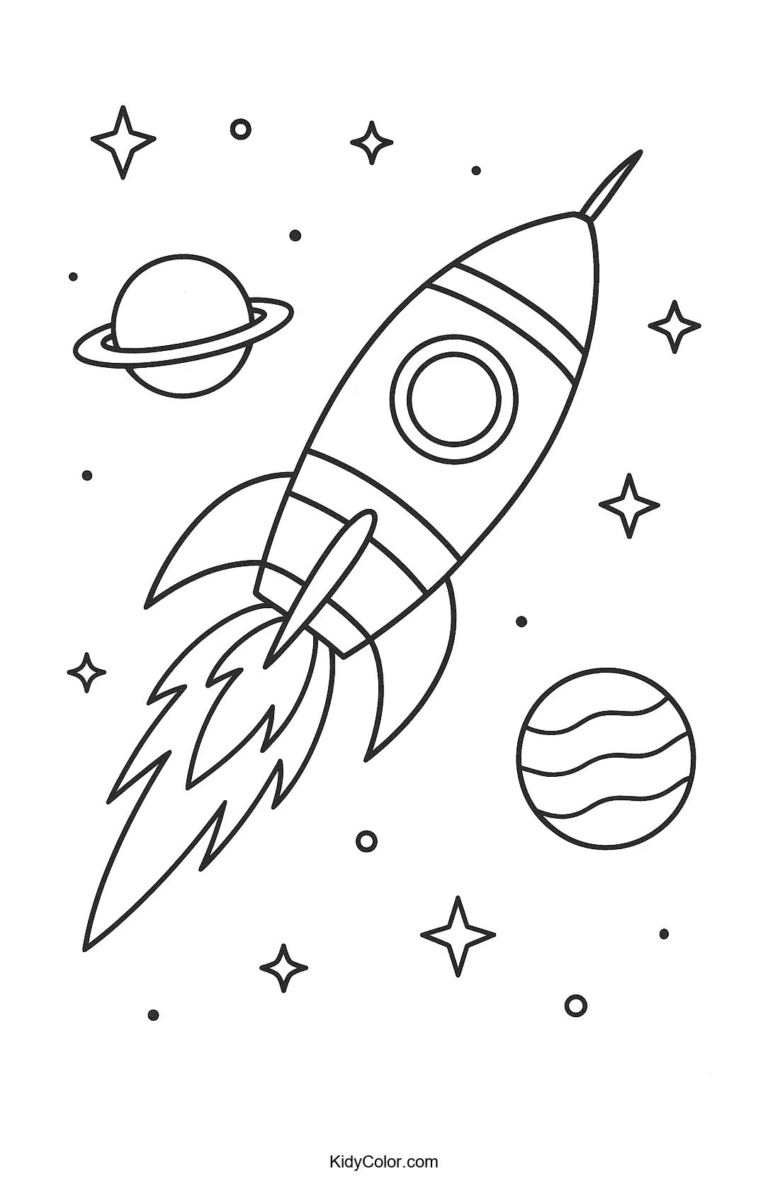 Rocket flying by Saturn in space coloring page