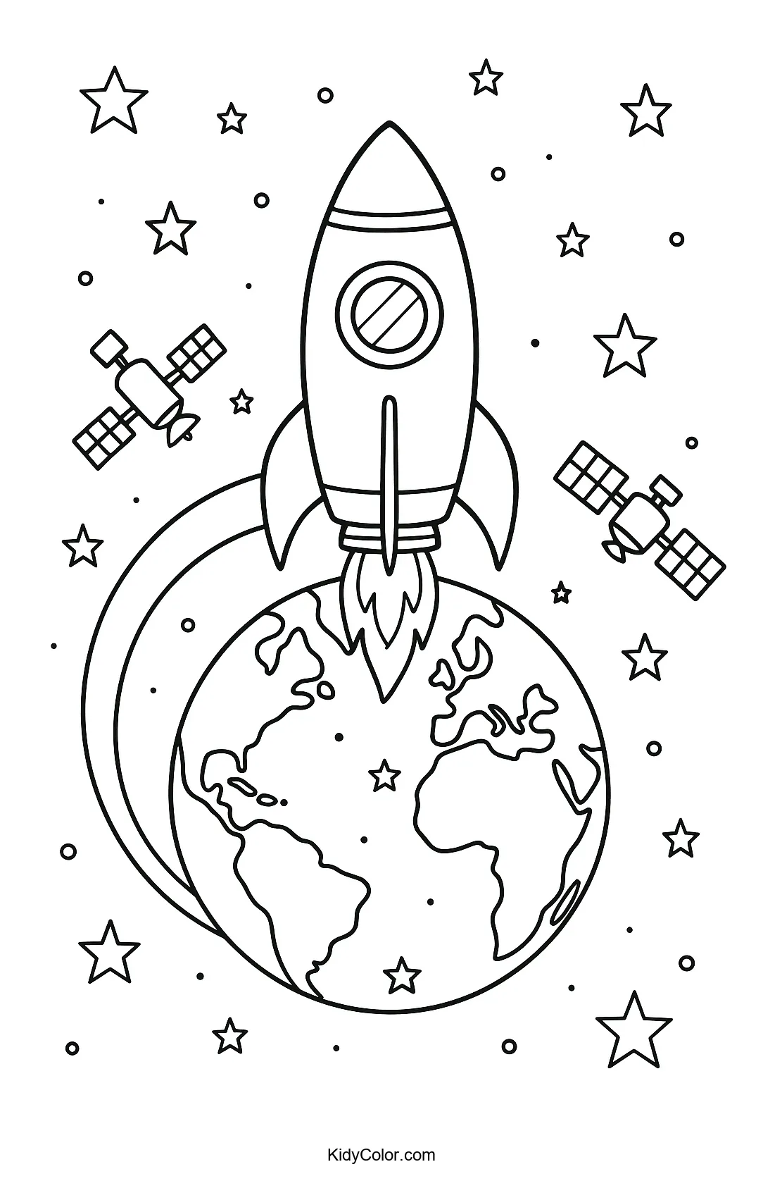 Rocket in orbit with satellites