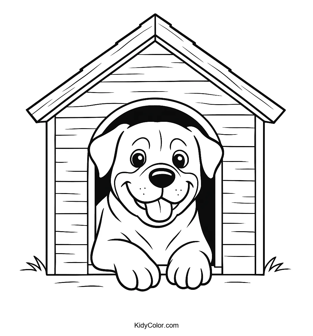 Rottweiler peeking from a doghouse door