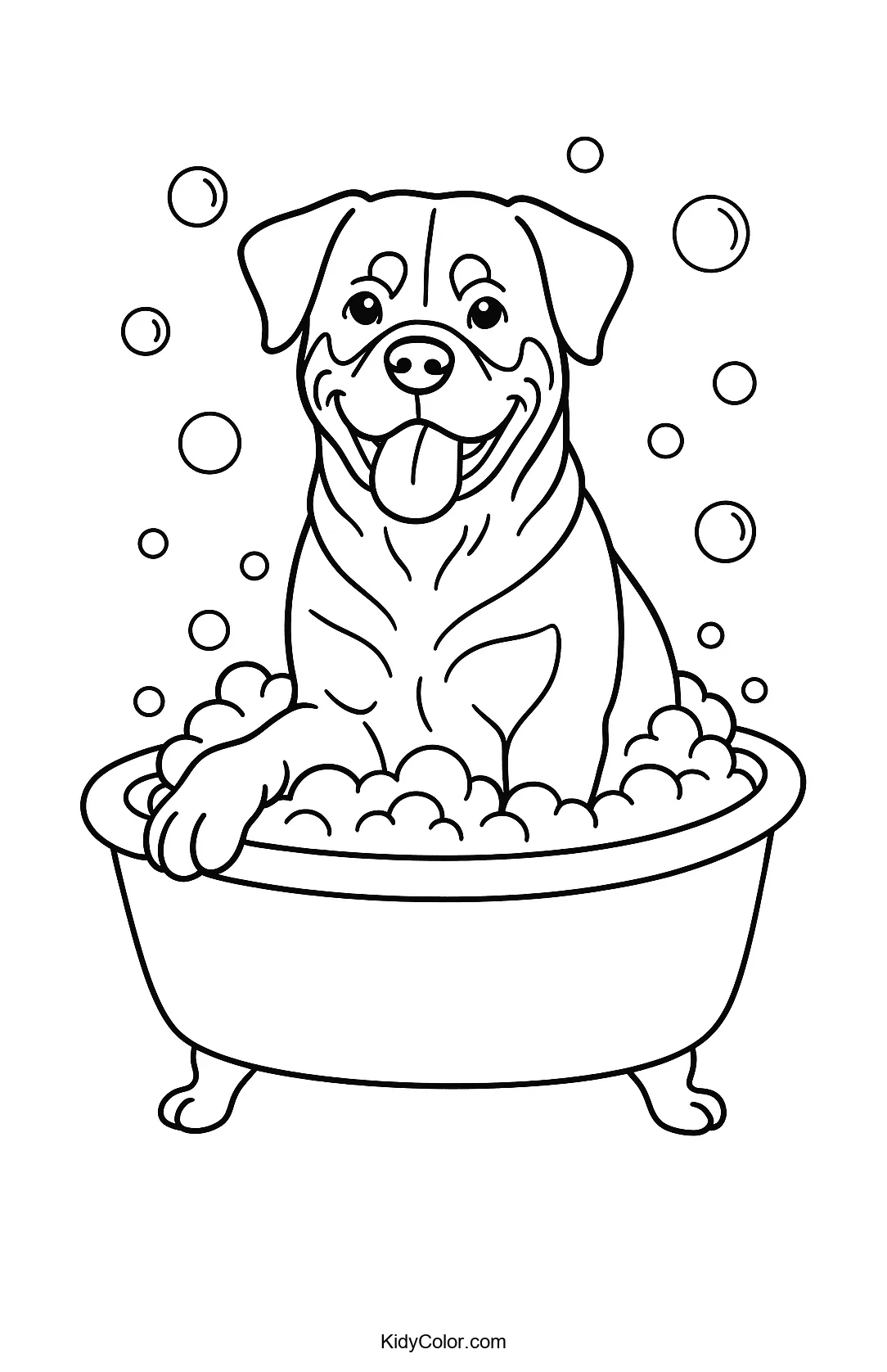 Rottweiler sitting in a bathtub full of soap bubbles