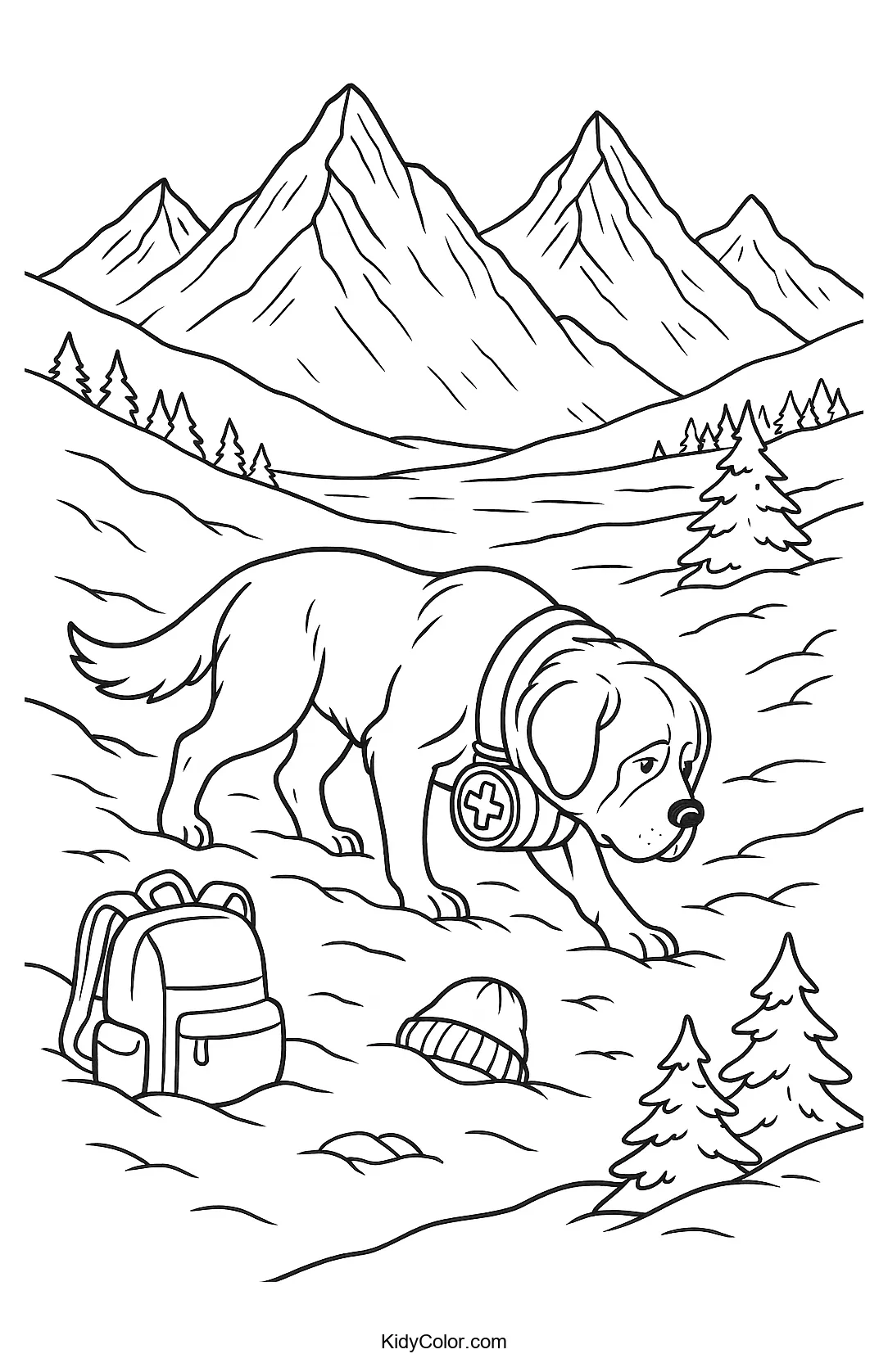 Saint Bernard dog standing in an avalanche zone.