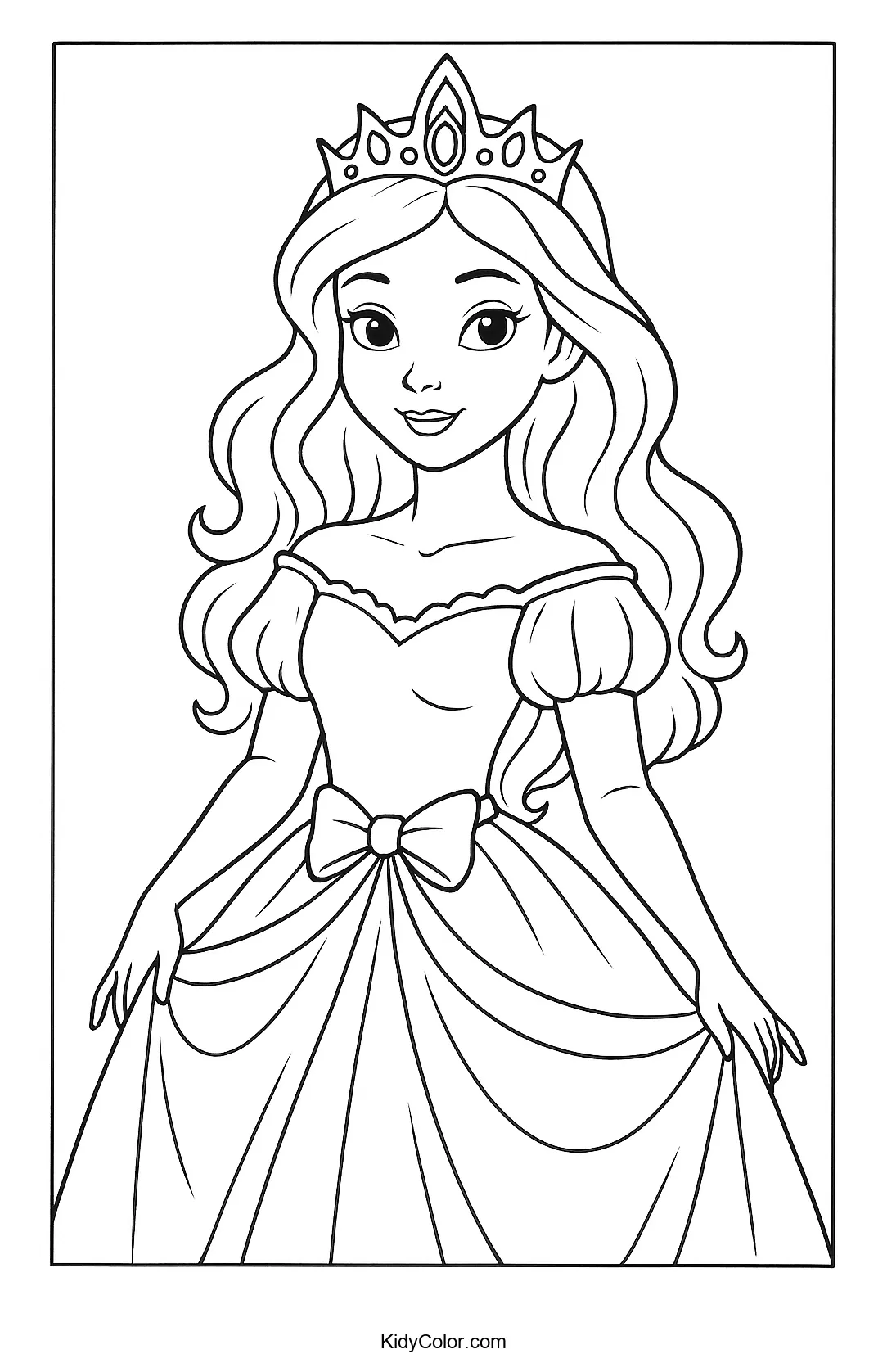 A coloring page featuring a serene princess in regal attire.