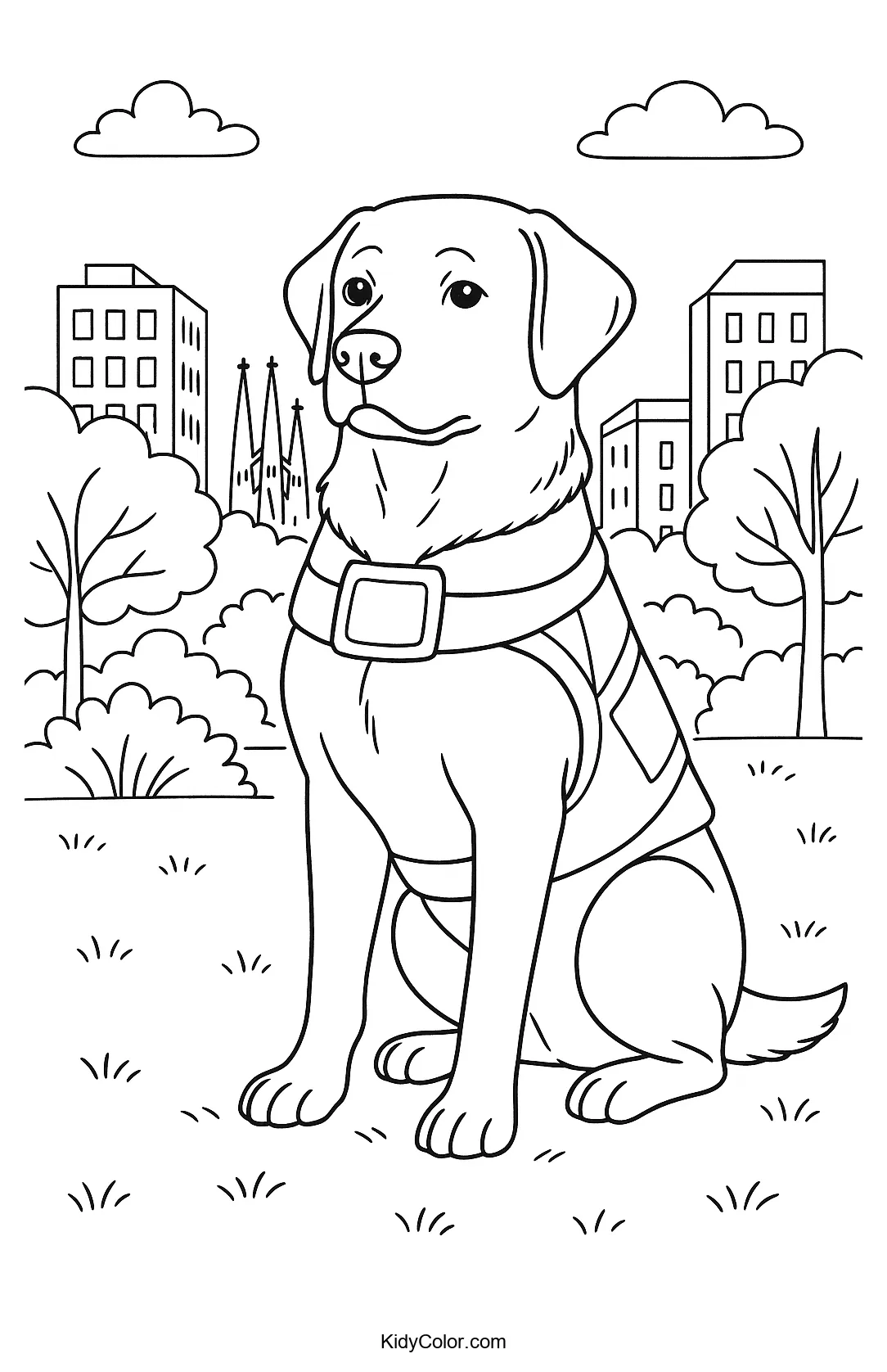 Service dog in a park with children