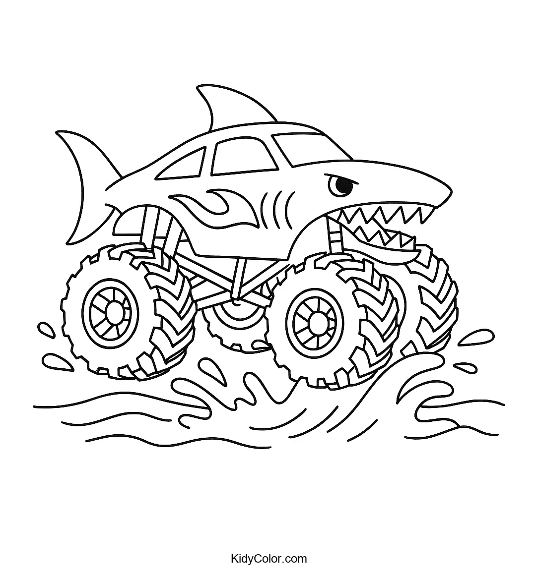 Shark truck driving through water splash