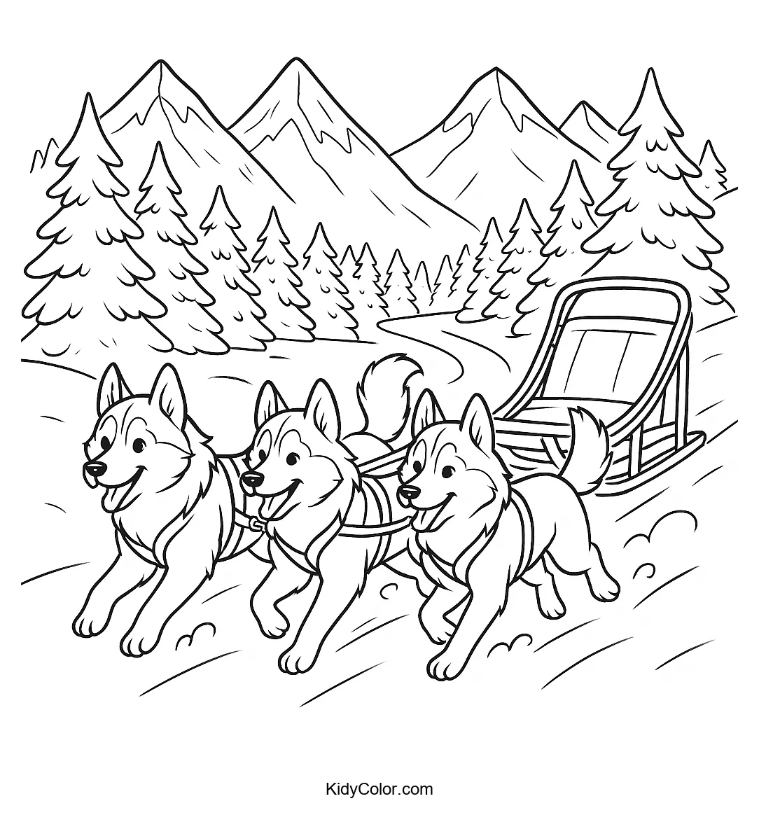 Siberian Huskies on snowy trails coloring page
