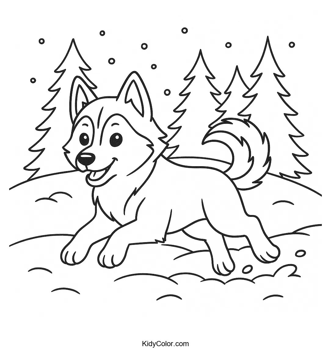 Siberian Husky running through a snowy forest