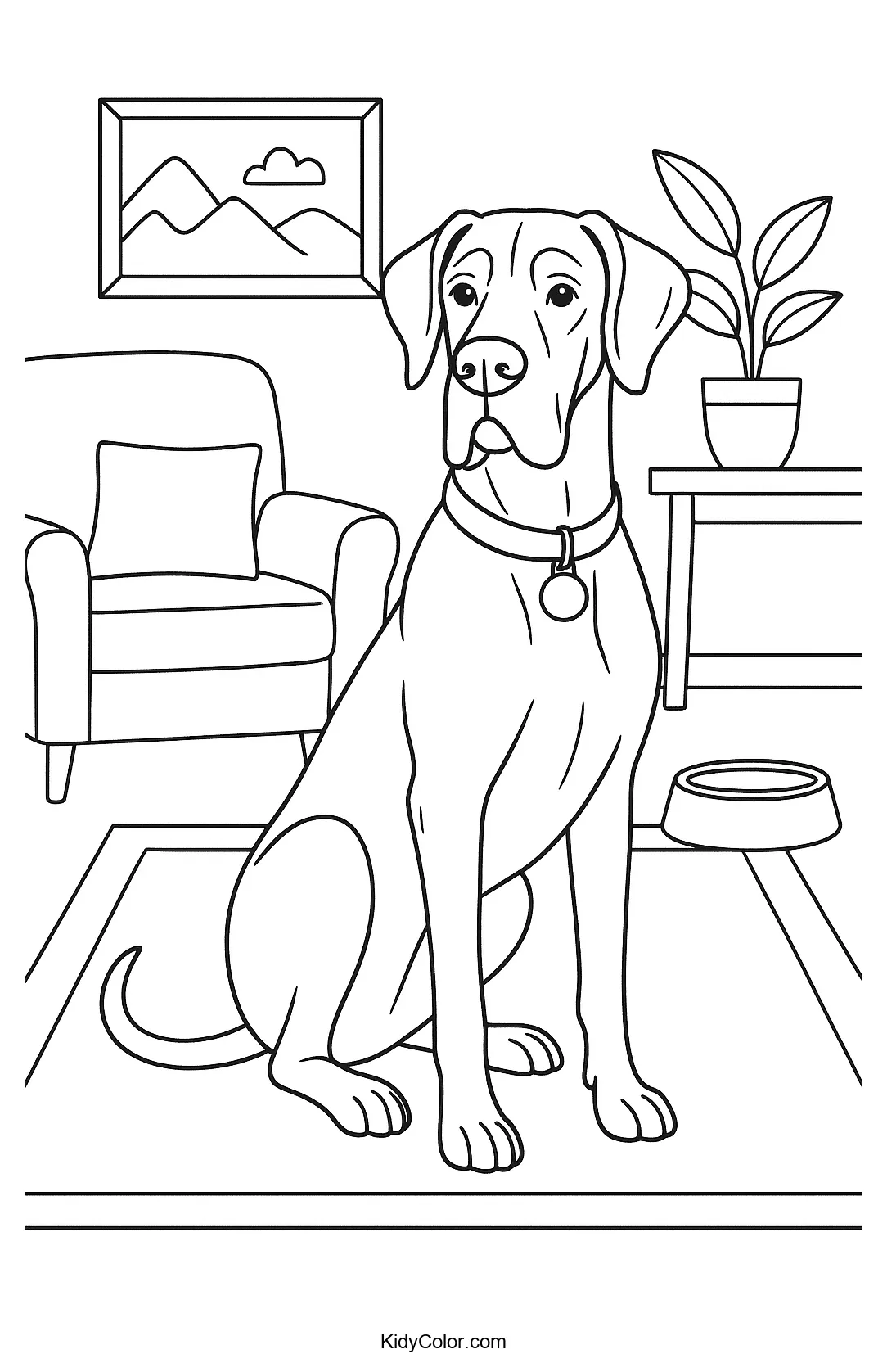 Great Dane sitting proudly at home coloring page