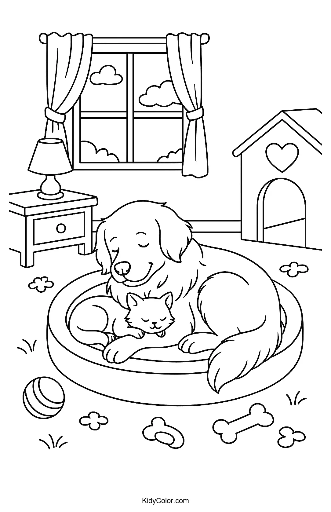 Friends sleeping in a cozy bed coloring page
