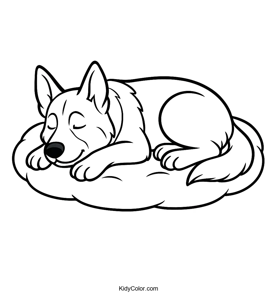 Sleeping German Shepherd on a bed coloring page