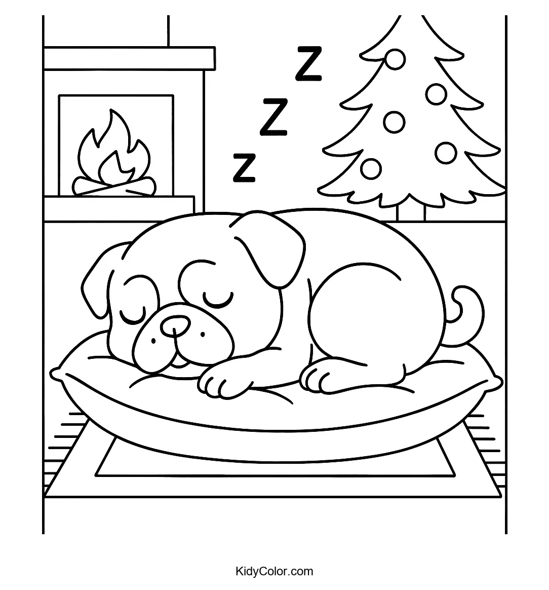 Sleeping pug by the fireplace coloring page