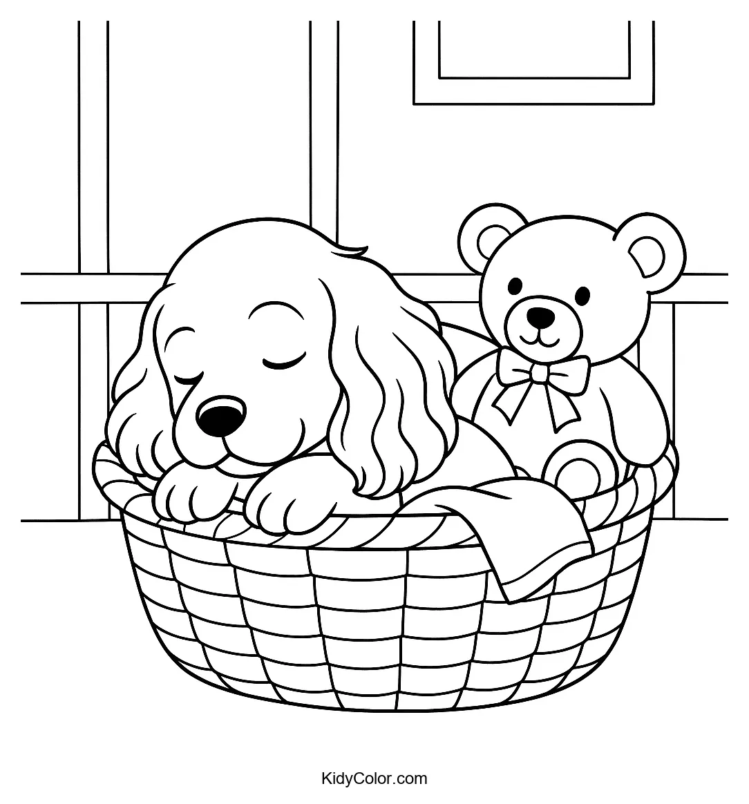 Sleeping puppy beside a teddy bear