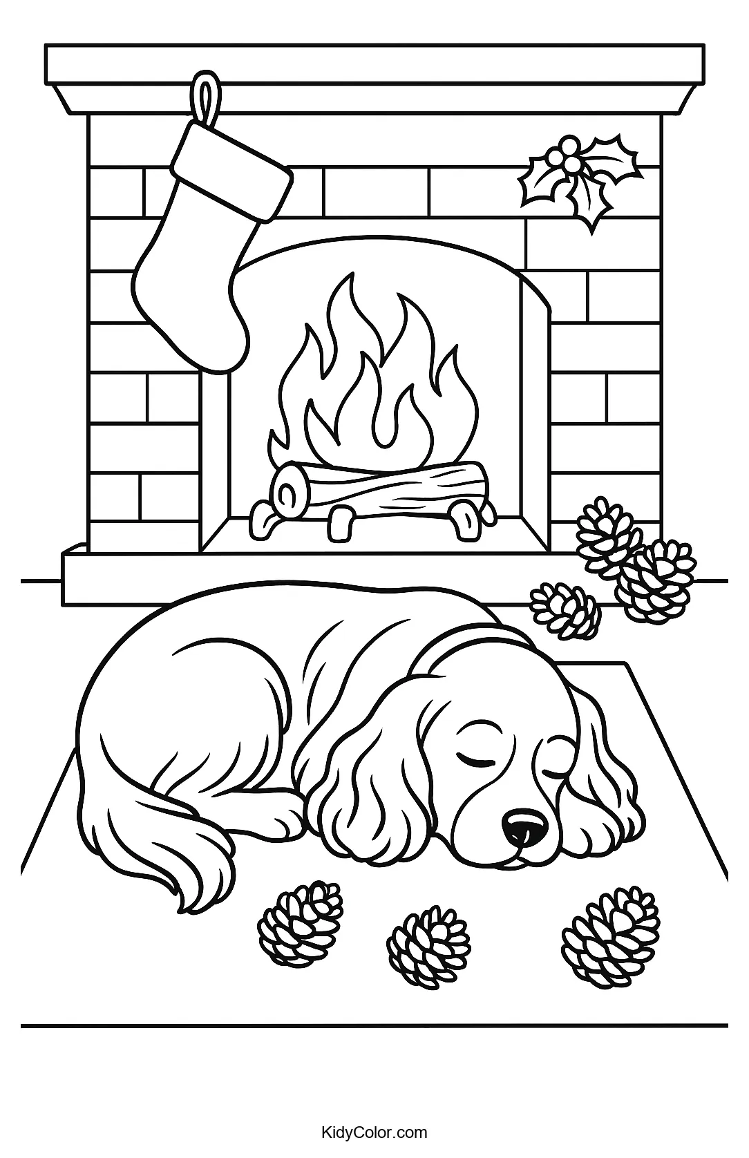 Sleeping spaniel by a fireplace