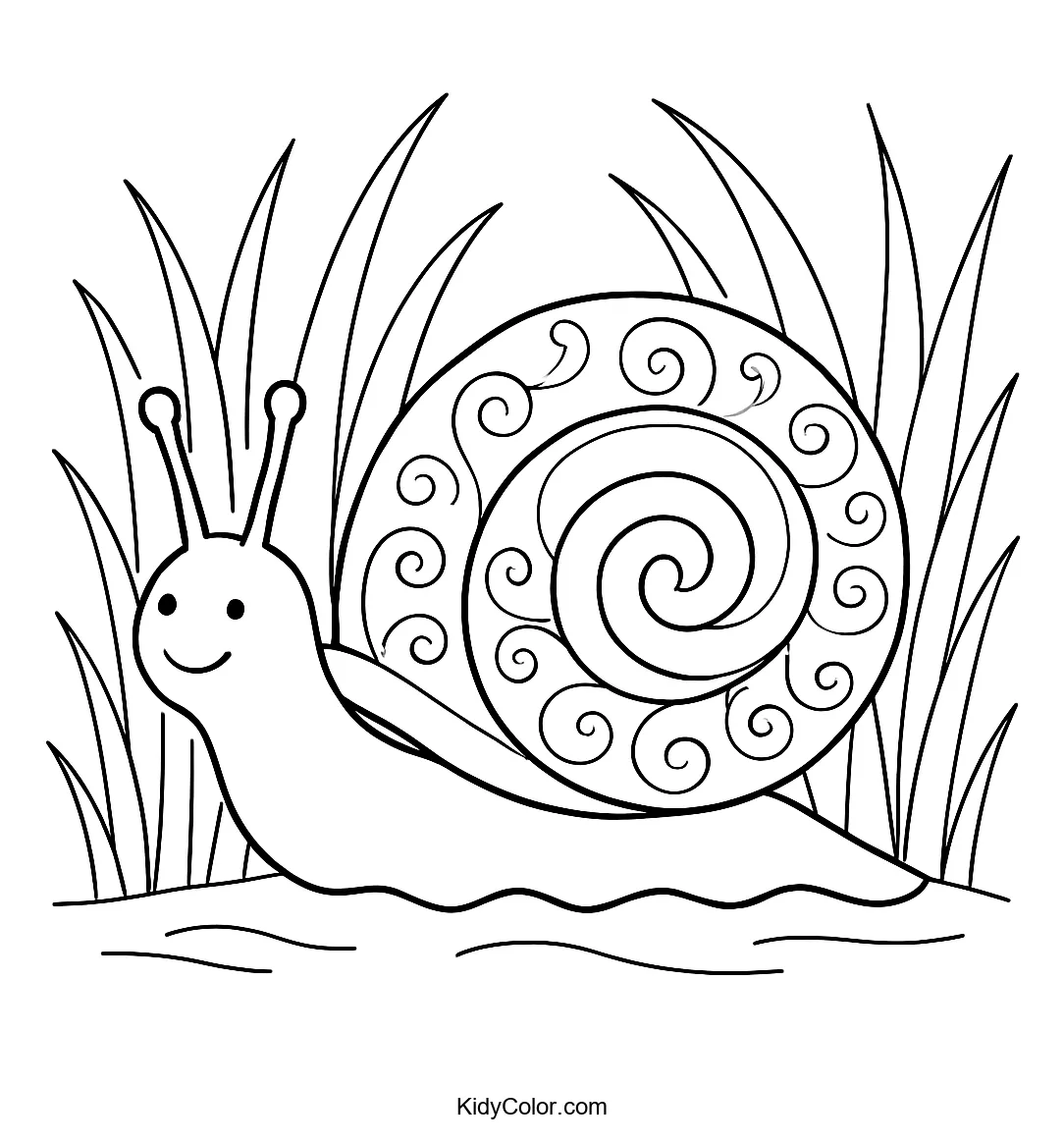 Coloring page of a snail in the grass.
