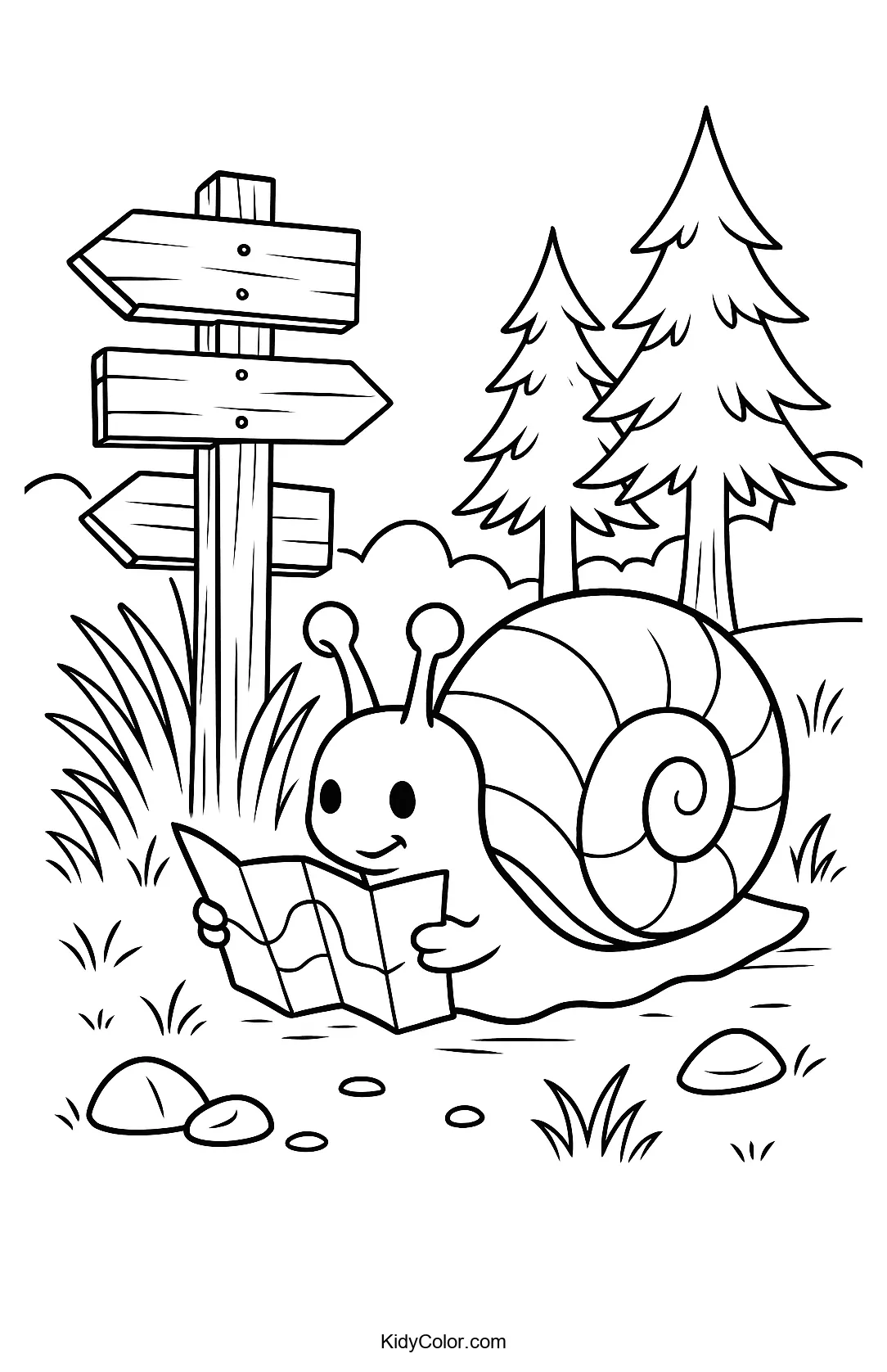 A snail traveling through a forest scene.
