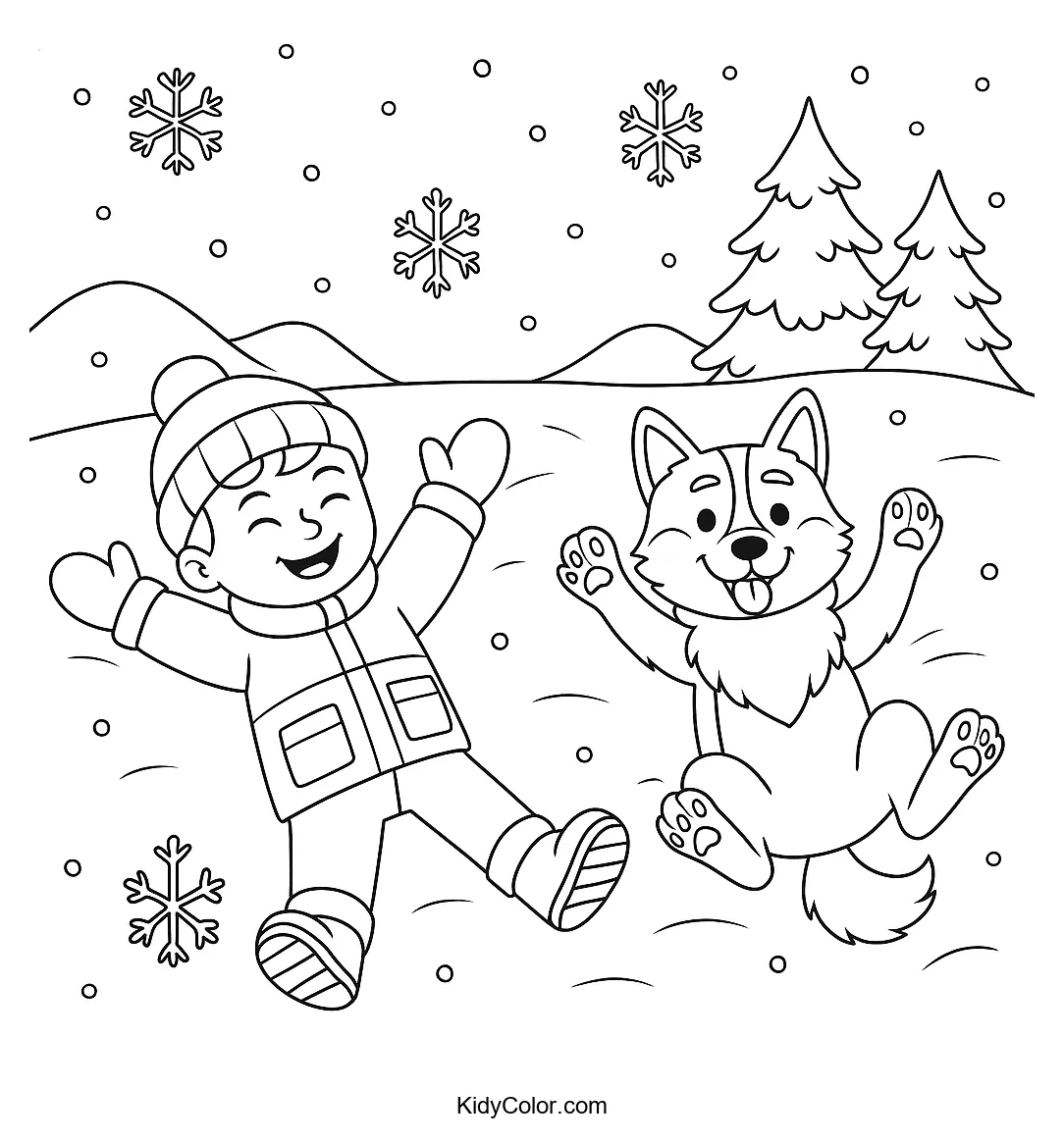 Children making snow angels with a husky