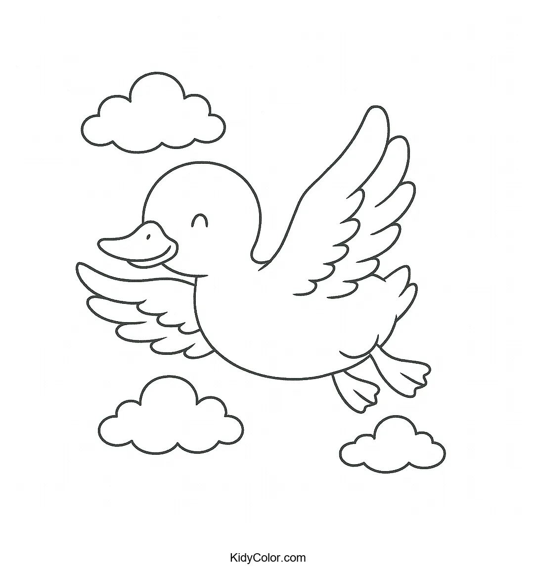 Duck flying among clouds coloring page