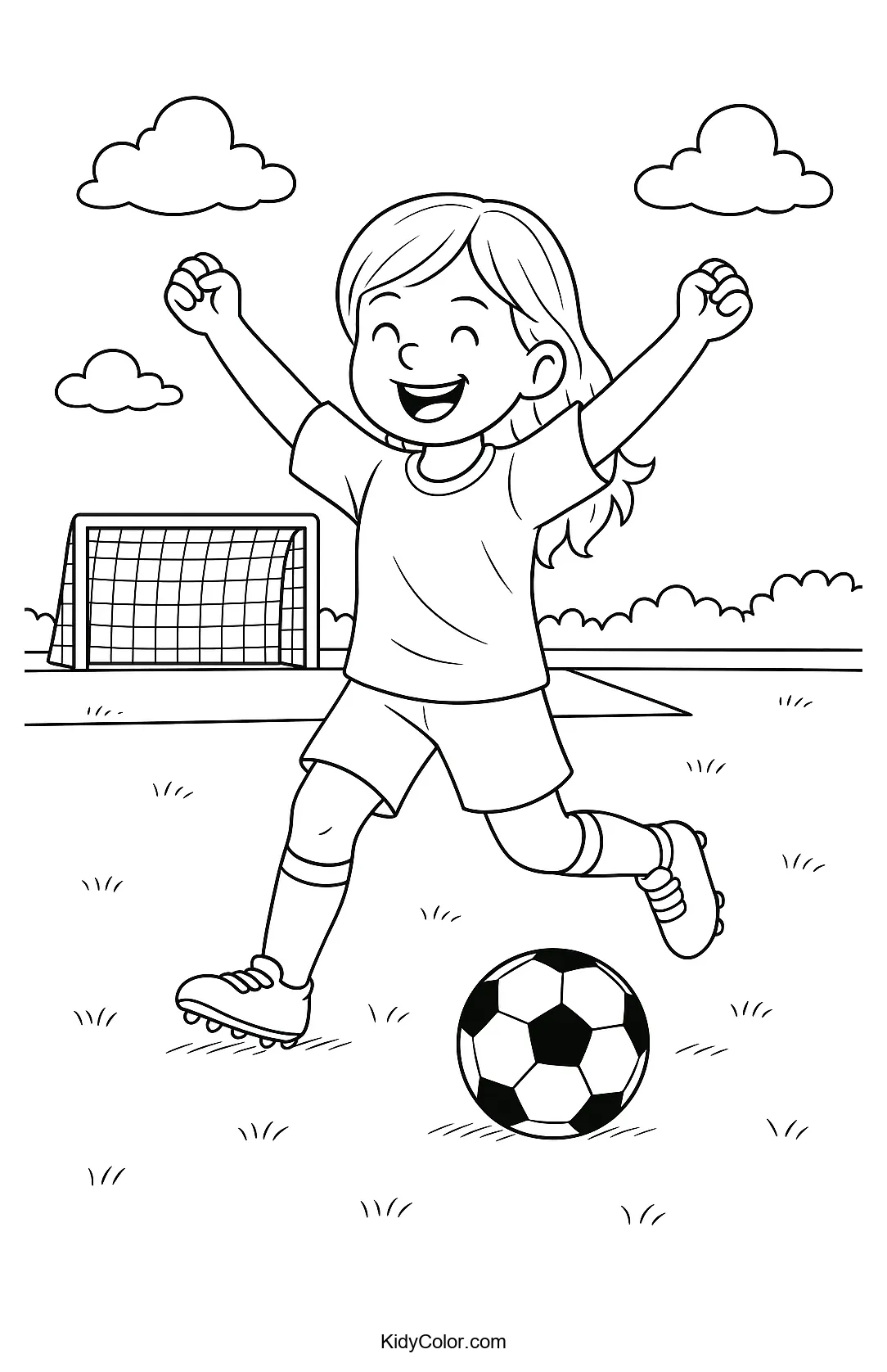 Kids coloring page of a soccer celebration on the field