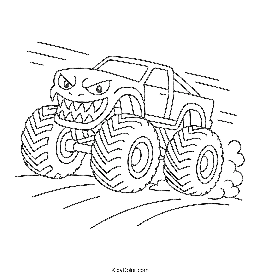 Coloring page of a speeding monster truck.