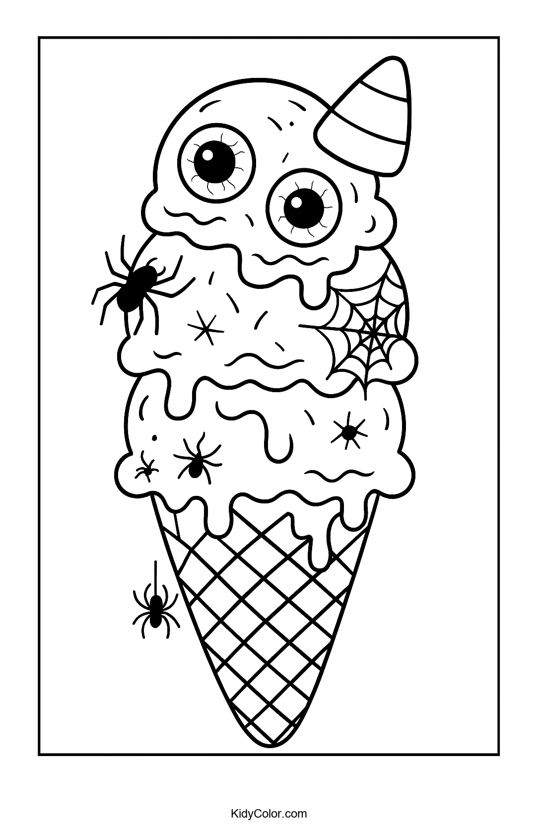 Halloween-themed spooky ice cream cone coloring page