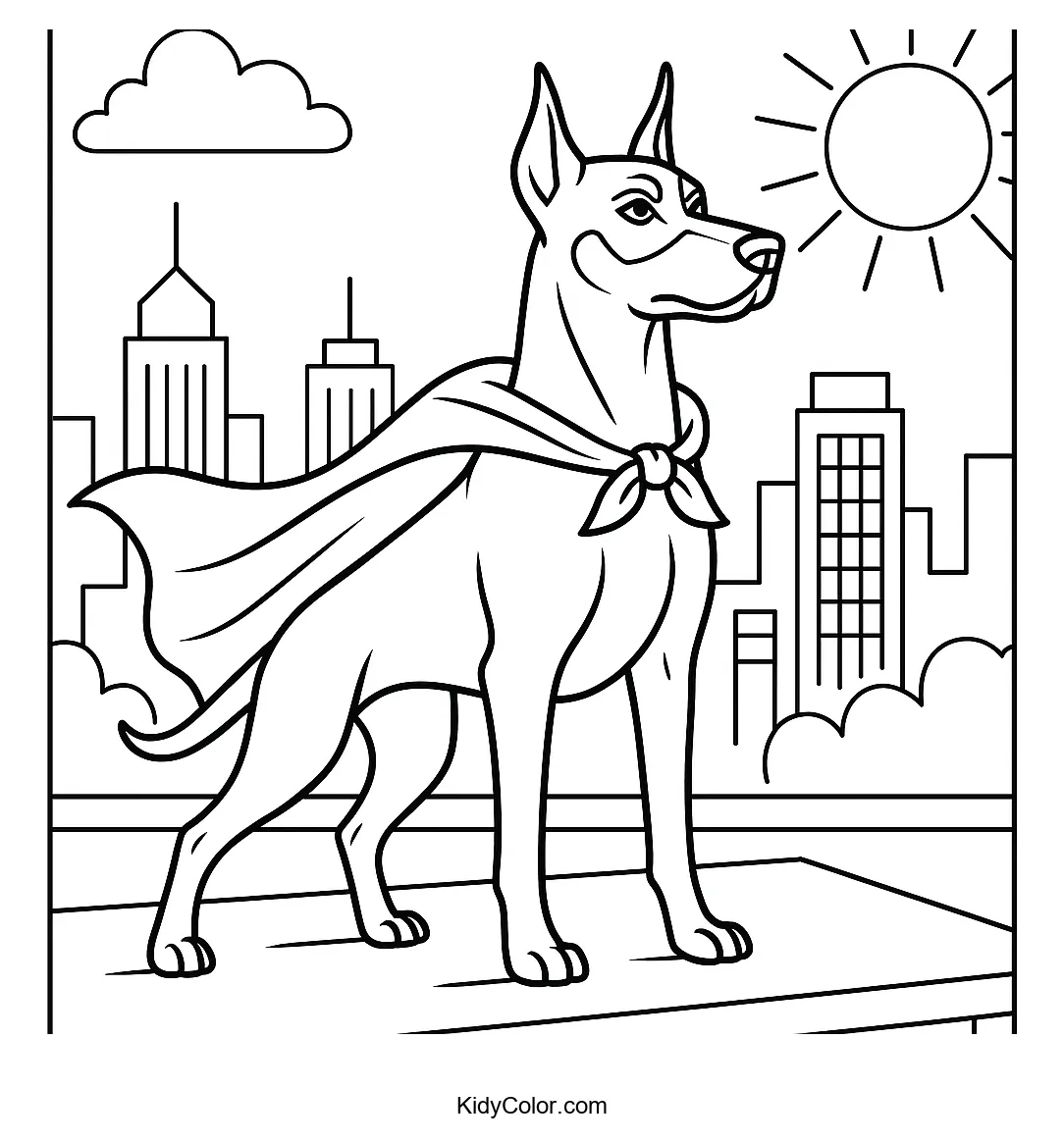Superdog on a building overlooking the city