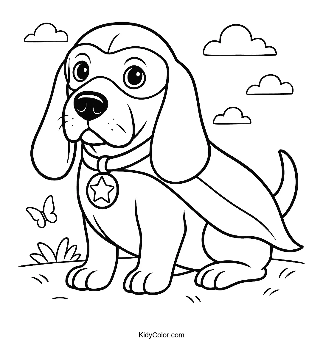 Superhero Basset Hound in action coloring page