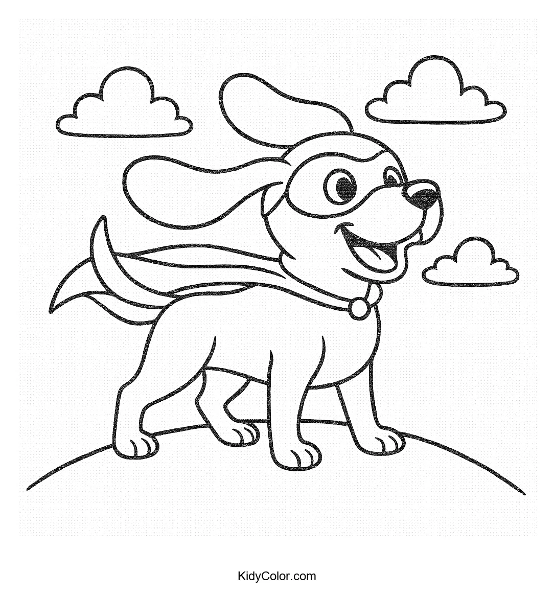 Coloring page of superhero beagle on a hill