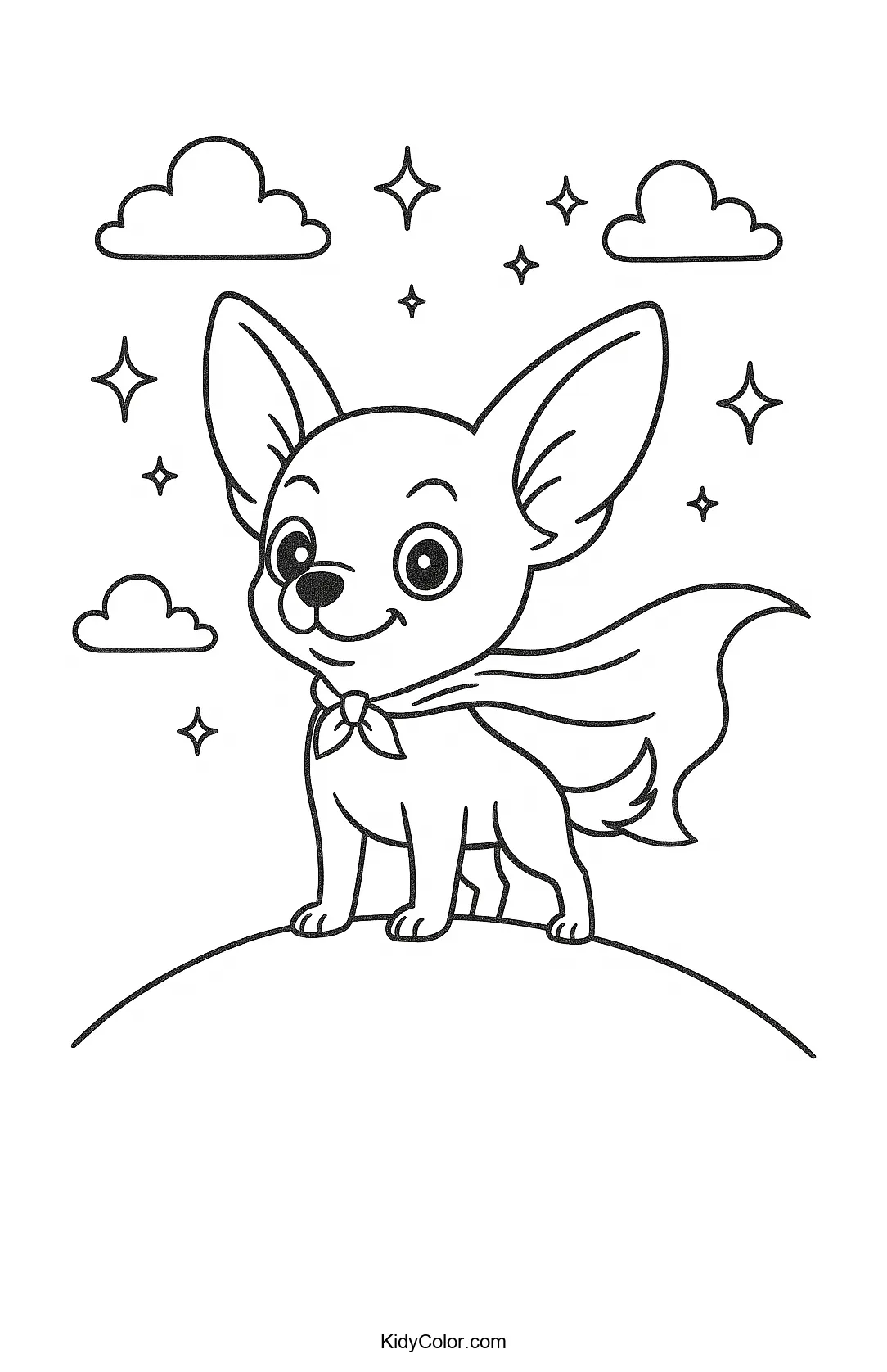 Coloring page of a Superhero Chihuahua on a hill