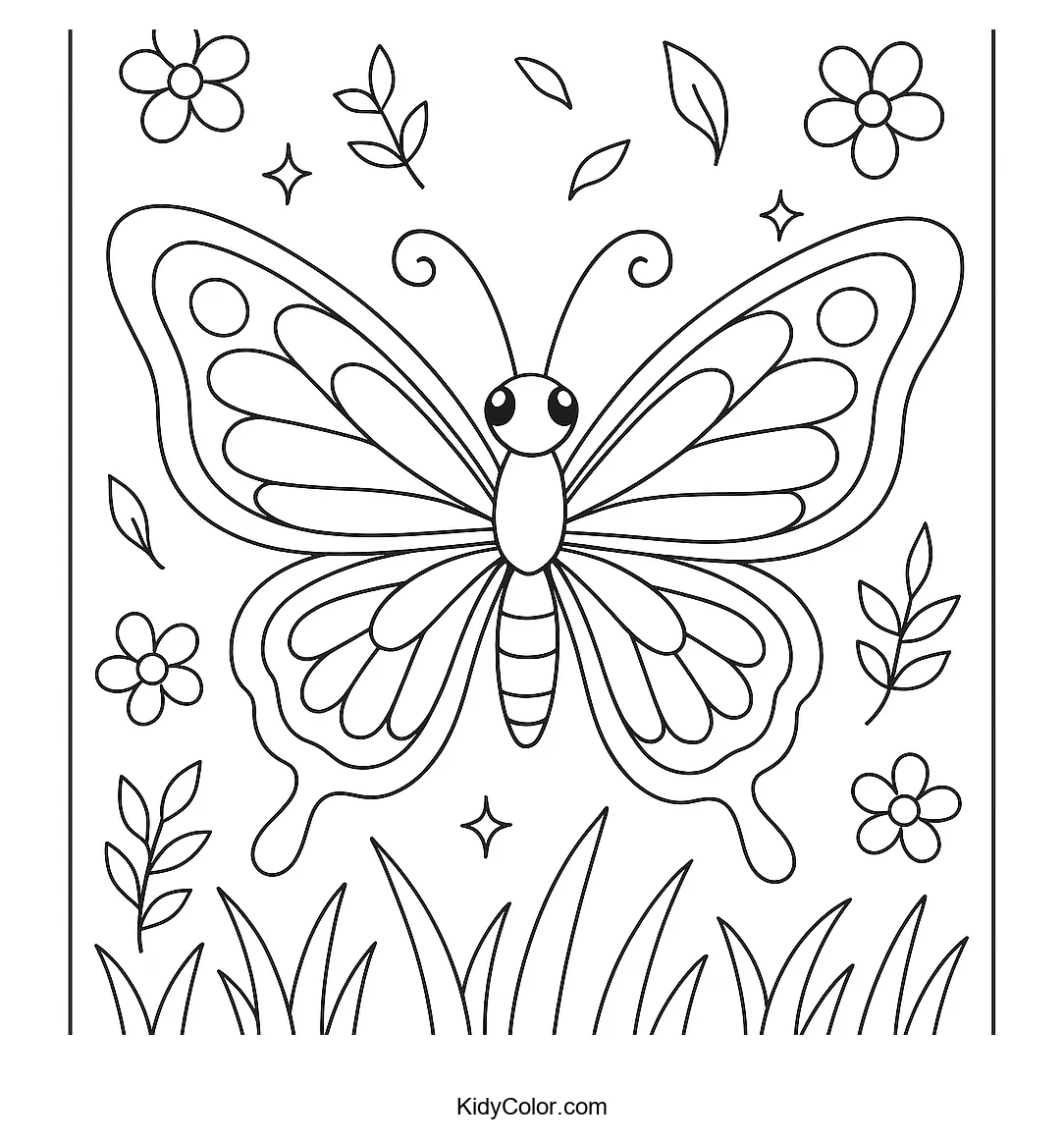 Coloring page of a symmetrical butterfly in nature.