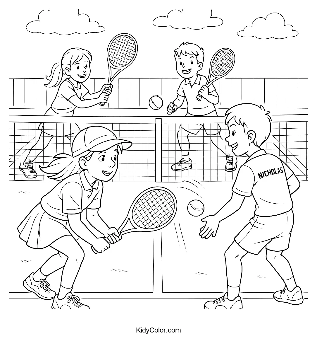 Tennis doubles match in action with players on the court.