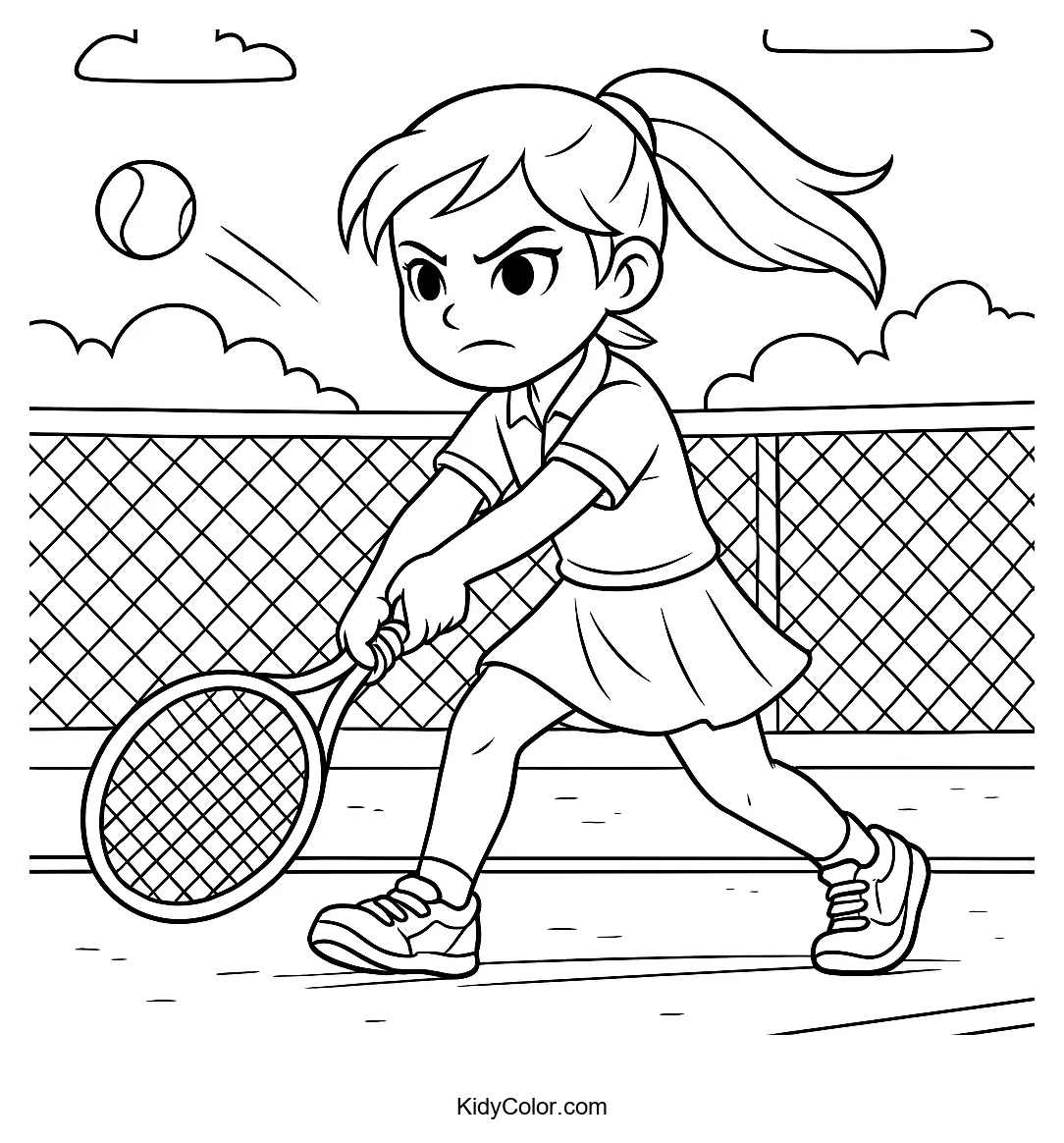 Girl playing tennis on a clay court coloring page