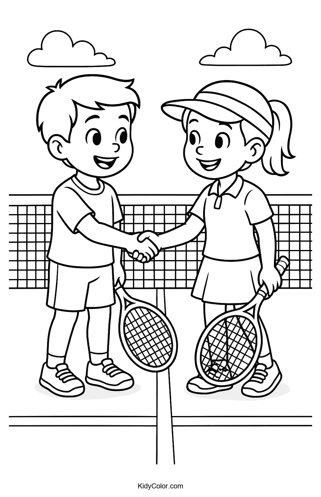Kids coloring page of a friendship gesture during a tennis match