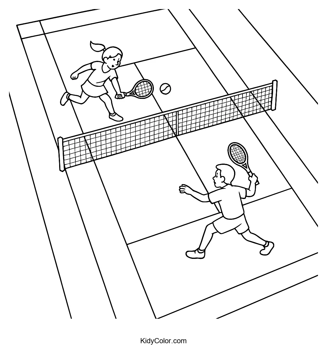 Overhead view of a tennis match coloring page