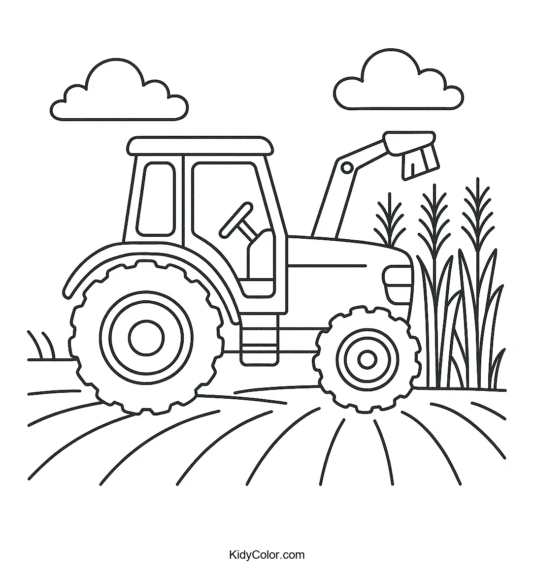 Tractor harvesting tall crops coloring page
