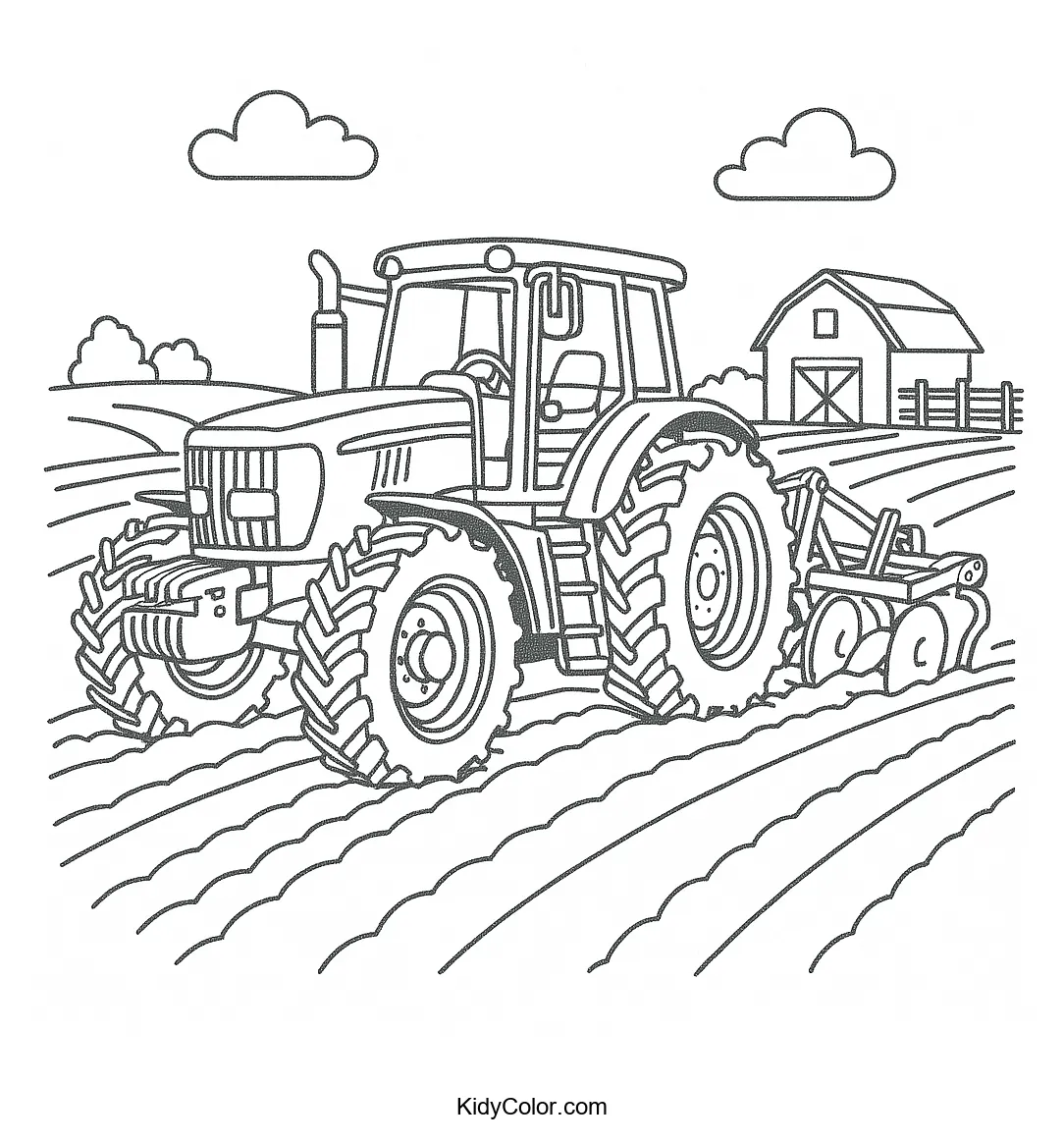 Coloring image of a tractor ploughing fields near a barn