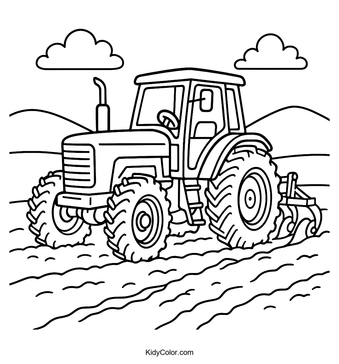 Tractor plowing a field coloring page