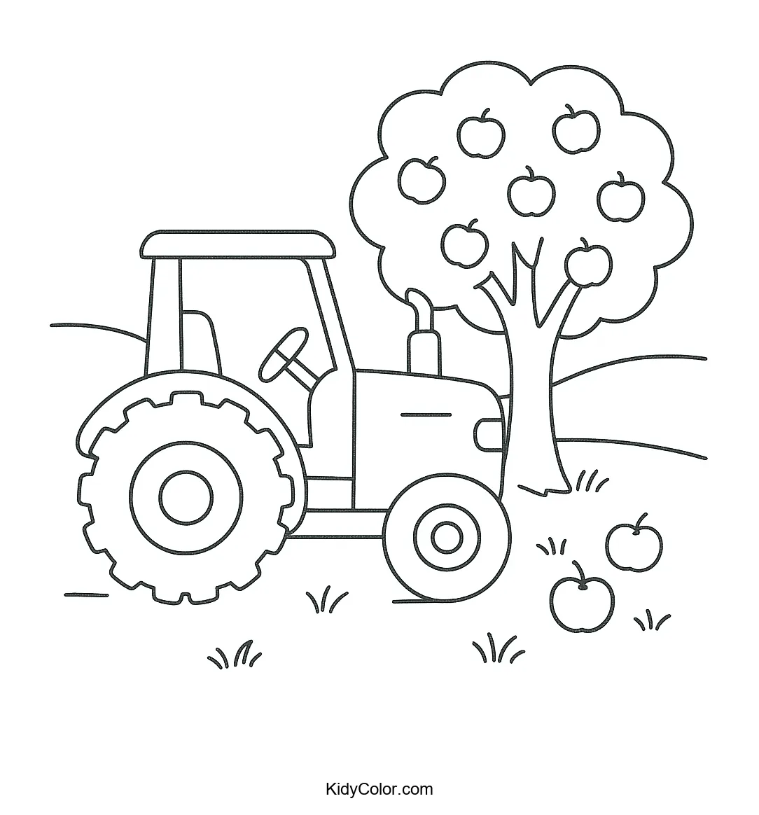 Tractor next to an apple tree in the countryside