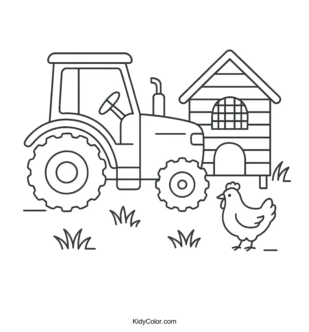 Tractor and chicken coop scene for coloring