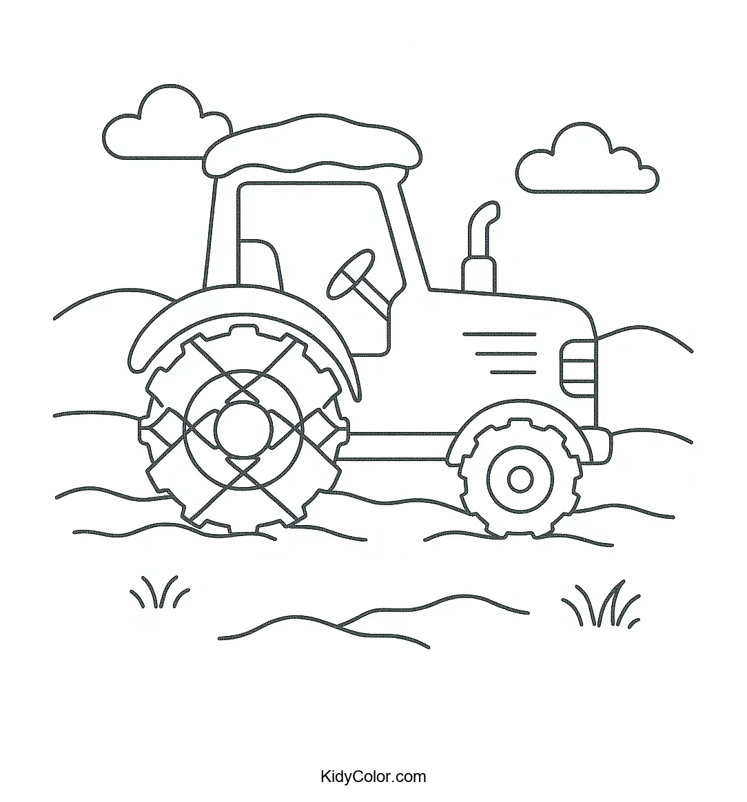 Tractor in snow scene coloring page