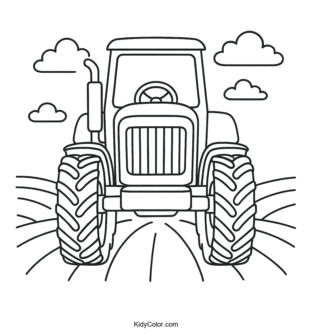 Tractor on a furrowed field coloring page