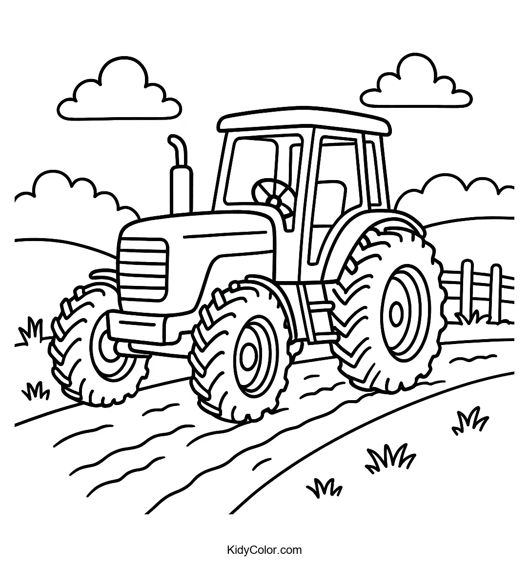 Tractor on countryside road coloring page