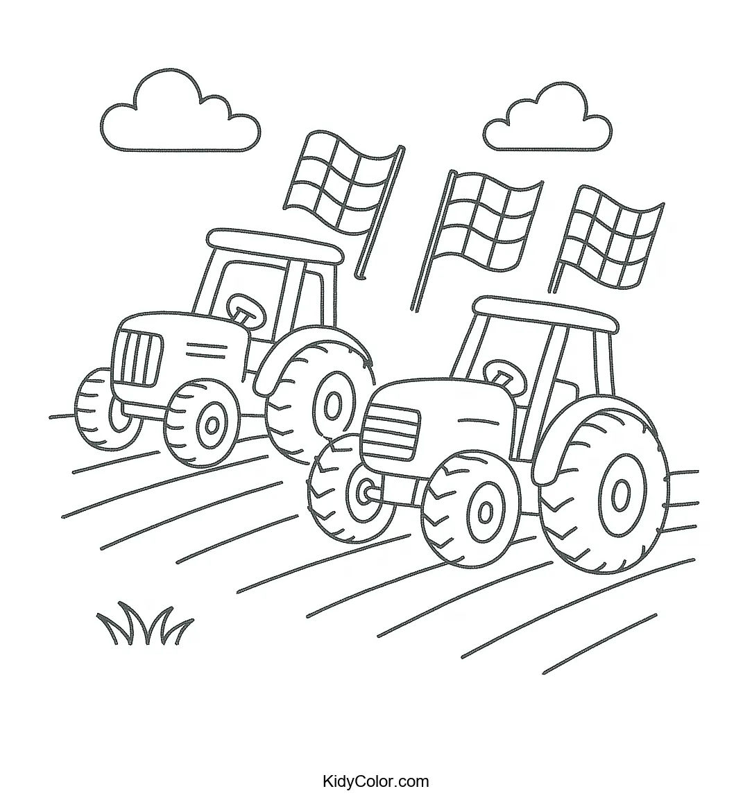 Tractors racing on a dirt track coloring page